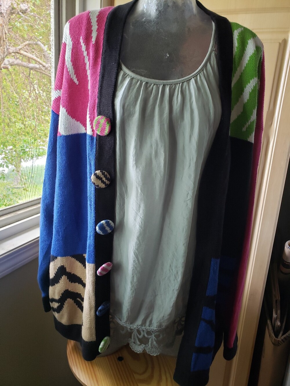 Storybook Knits Colorblock Cardigan in Blue, Pink, Green, Black & Cream